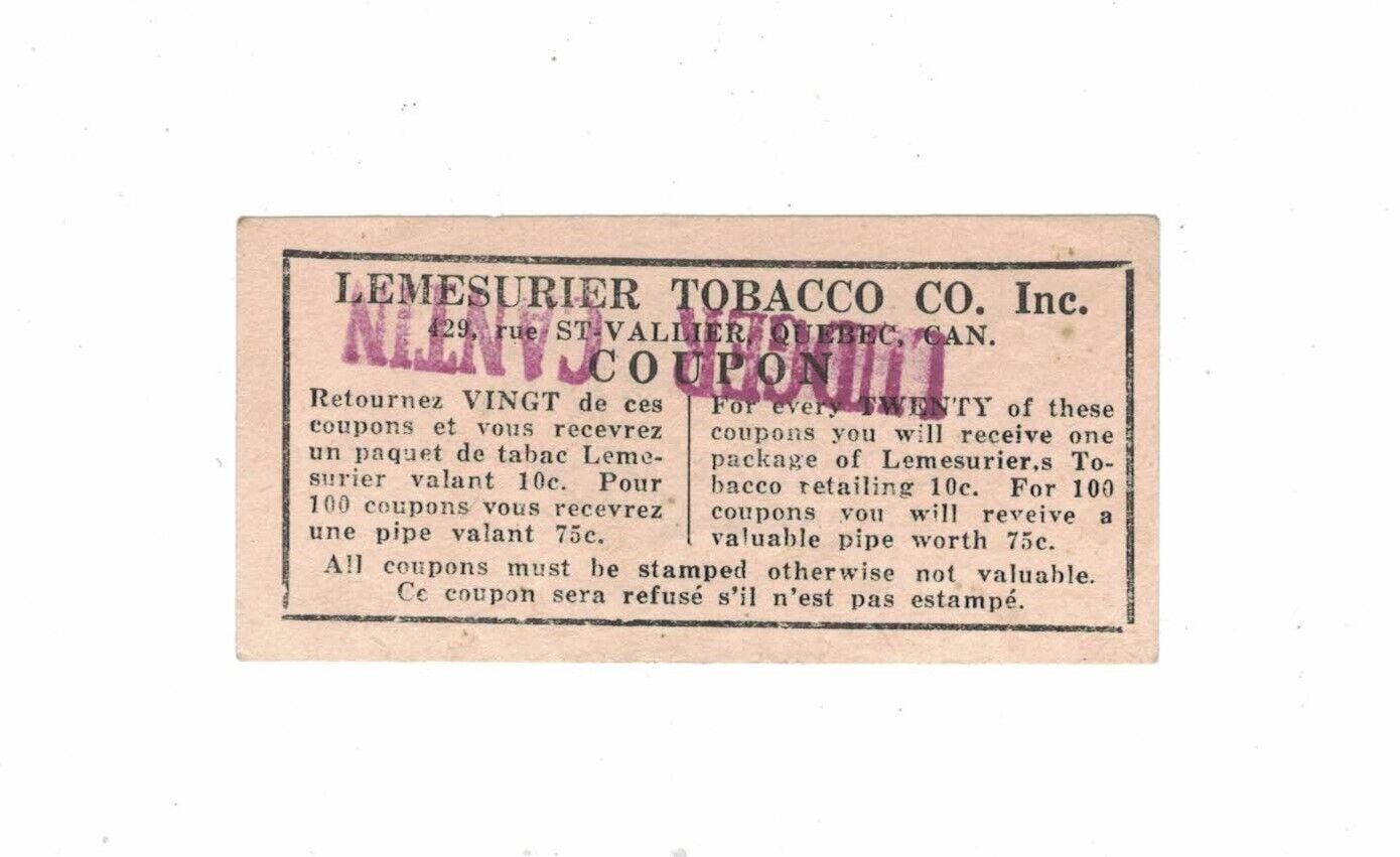 Lemesurier Tobacco Co. Inc. Coupon, Ludger Cantin, 429 Rue St-vallier, QuÉbec