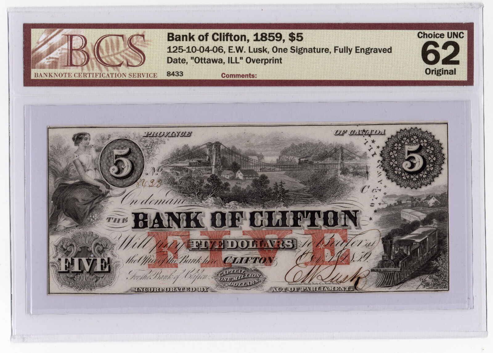 Bcs Choice Unc 62---bank Of Clifton, 1859, $5